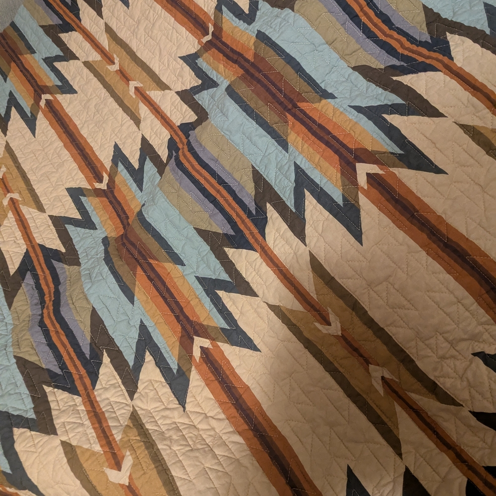 Wyeth Trail Coverlet And Pillowcases in Tan and Blue - Picture 2 of 3